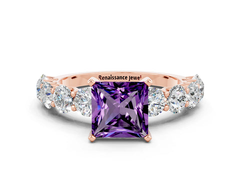 Rose gold Princess Cut Amethyst Prong Setting with Side Stones on a Pave Band