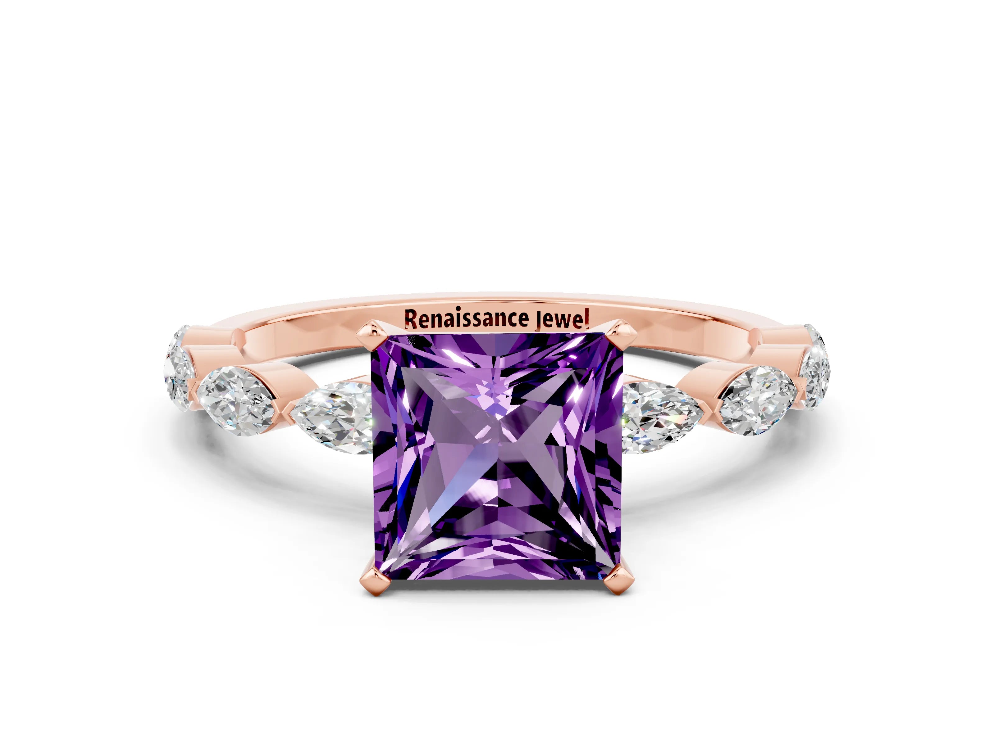 Rose gold Princess Cut Amethyst Ring with Marquise Side Stones and Prong Setting