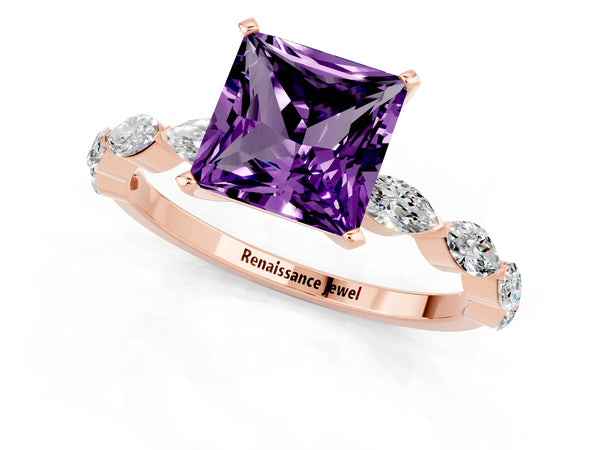 Rose gold Princess Cut Amethyst Ring with Marquise Side Stones and Prong Setting