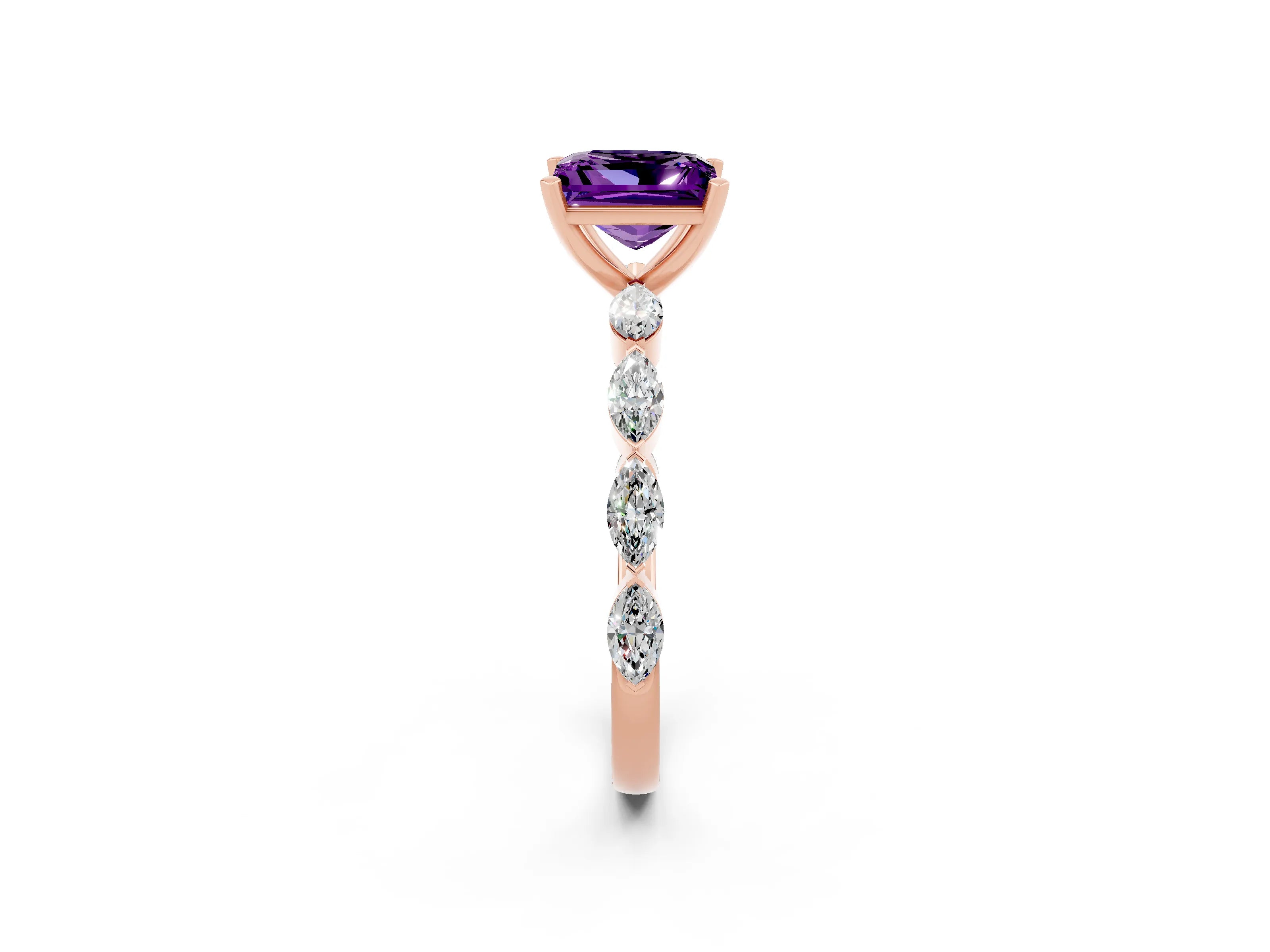 Rose gold Princess Cut Amethyst Ring with Marquise Side Stones and Prong Setting_2