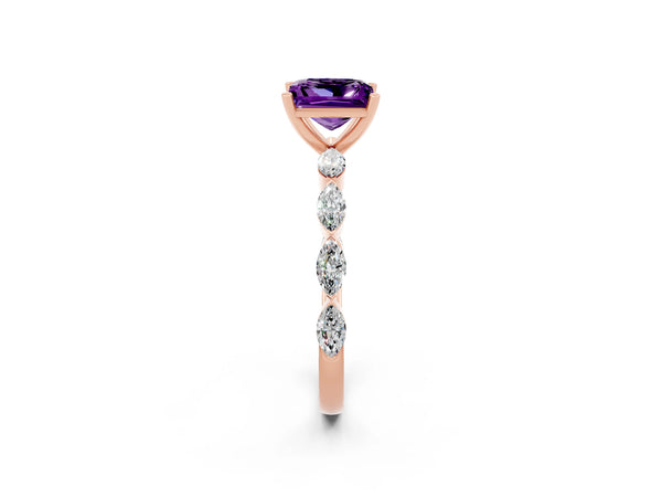 Rose gold Princess Cut Amethyst Ring with Marquise Side Stones and Prong Setting