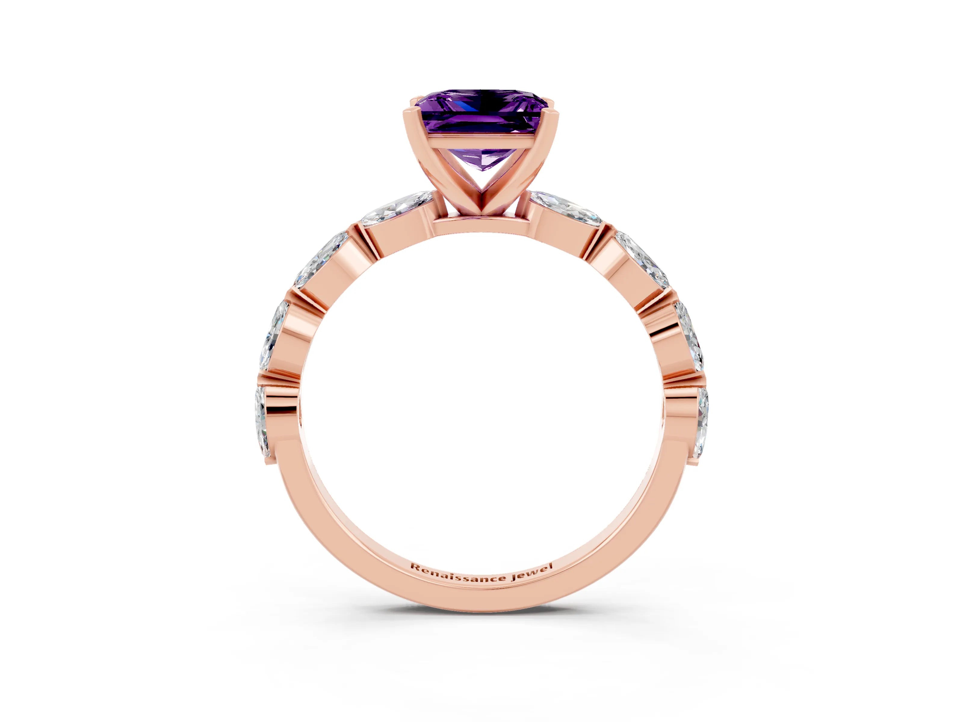 Rose gold Princess Cut Amethyst Ring with Marquise Side Stones and Prong Setting_3