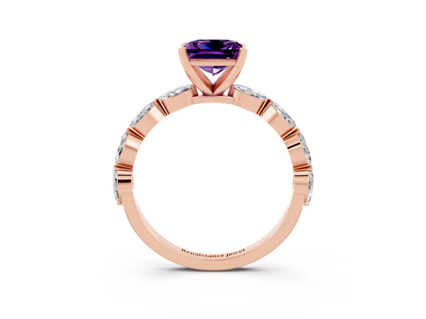 Rose gold Princess Cut Amethyst Ring with Marquise Side Stones and Prong Setting