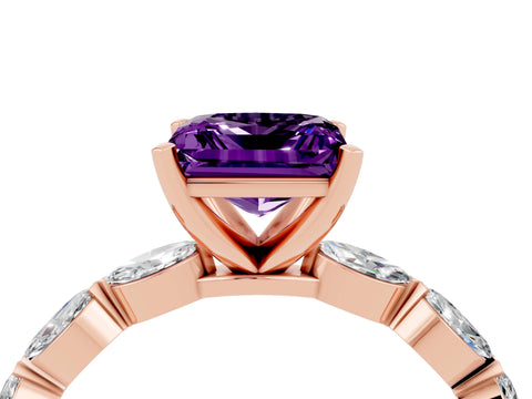 Rose gold Princess Cut Amethyst Ring with Marquise Side Stones and Prong Setting_4