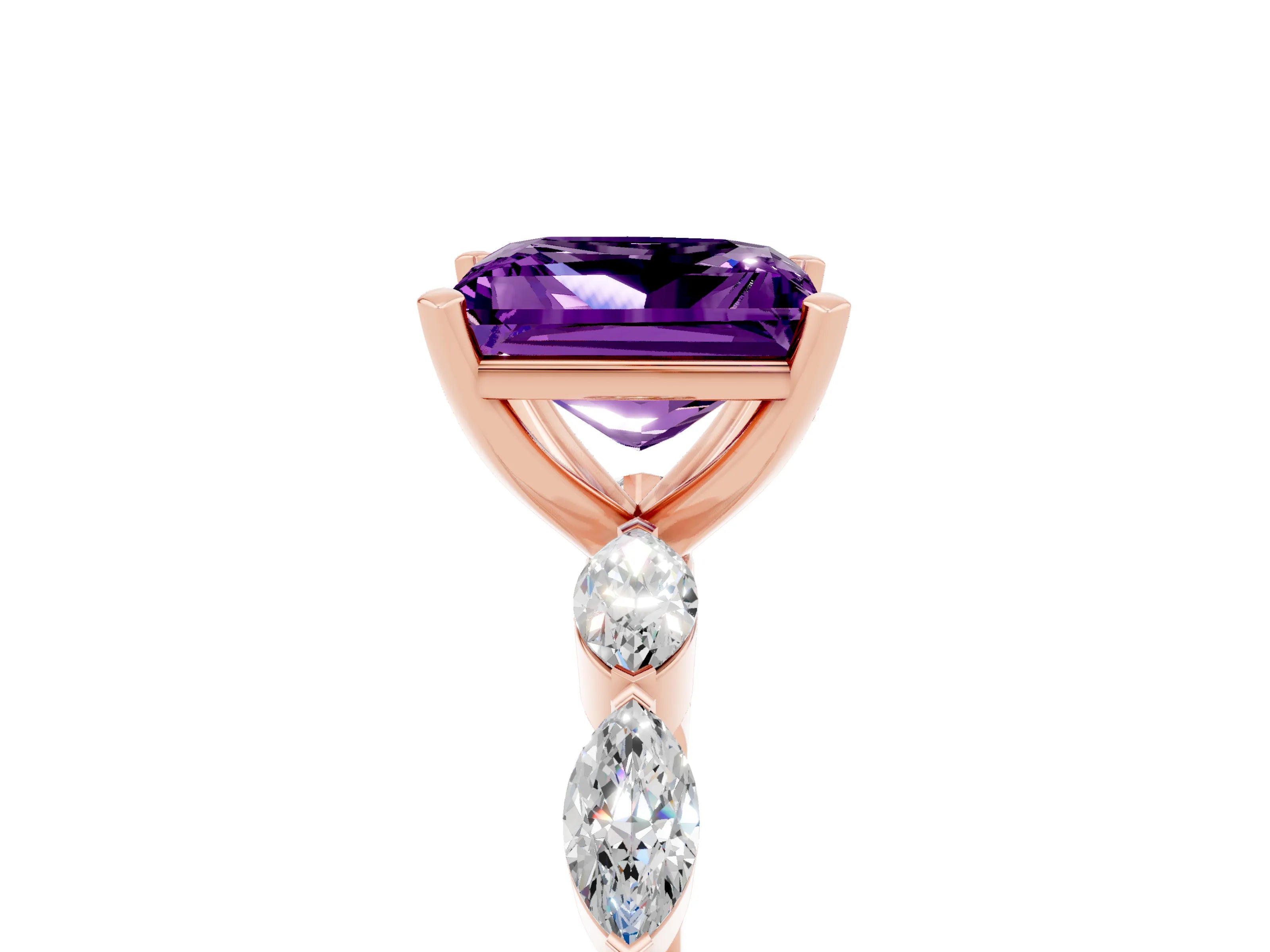 Rose gold Princess Cut Amethyst Ring with Marquise Side Stones and Prong Setting_5