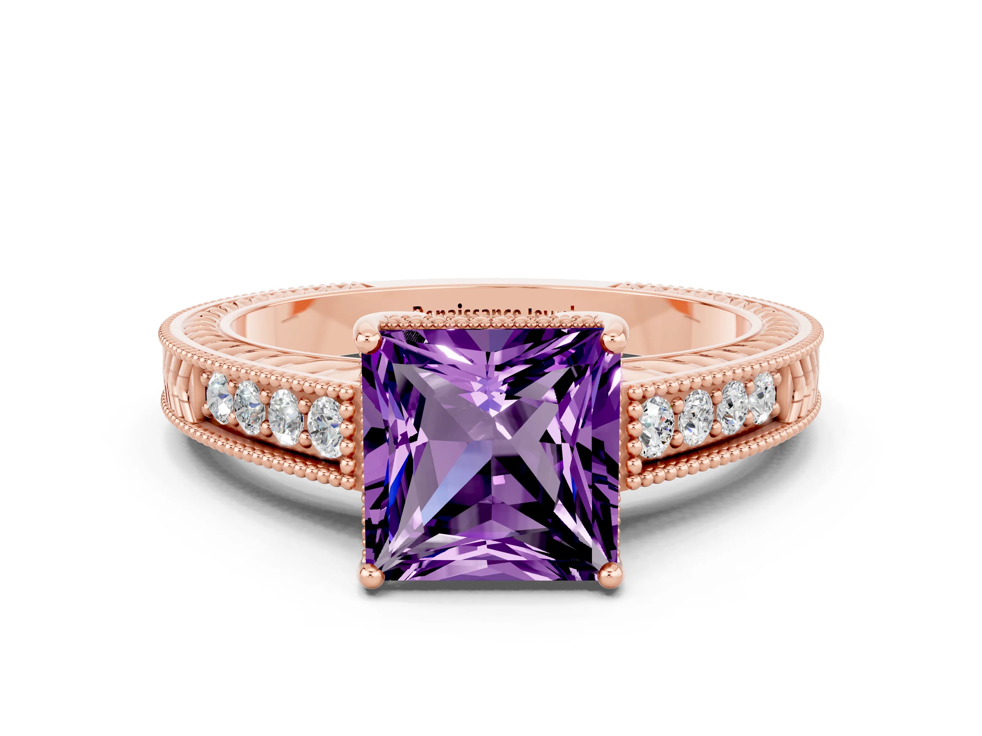 Rose gold Princess Cut Amethyst Ring with Milgrain Pavé Band and Four-Prong Setting_12