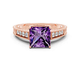 Rose gold Princess Cut Amethyst Ring with Milgrain Pavé Band and Four-Prong Setting_12