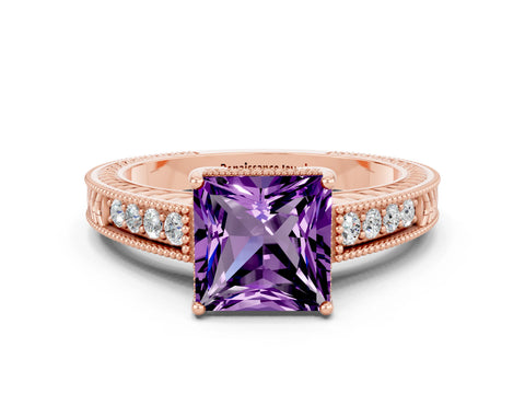 Rose gold Princess Cut Amethyst Ring with Milgrain Pavé Band and Four-Prong Setting_12