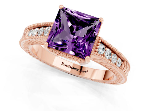 Rose gold Princess Cut Amethyst Ring with Milgrain Pavé Band and Four-Prong Setting_13