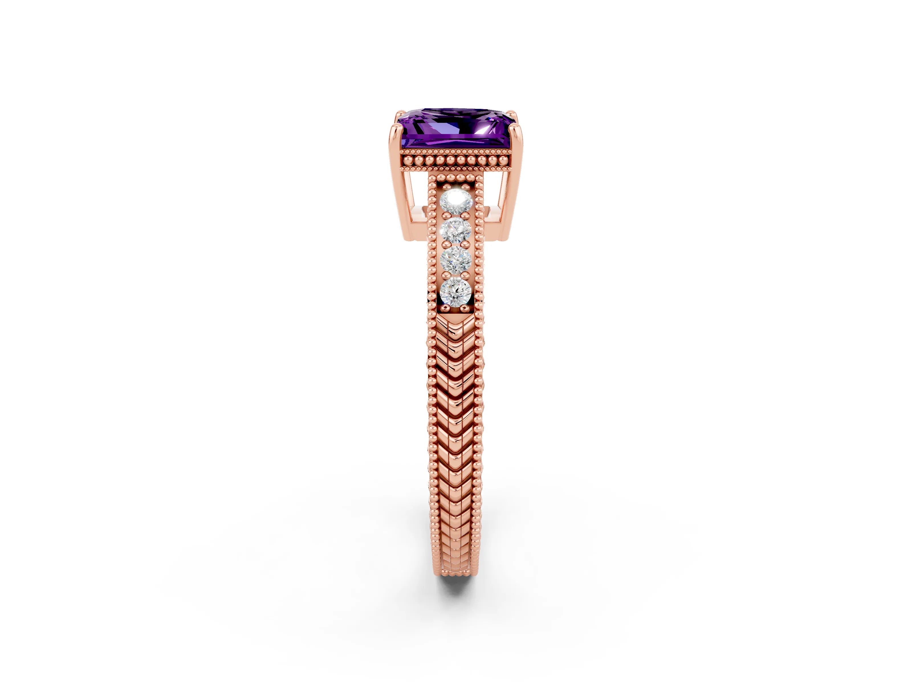 Rose gold Princess Cut Amethyst Ring with Milgrain Pavé Band and Four-Prong Setting_14