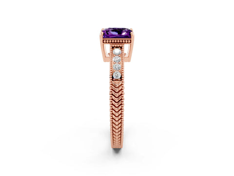 Rose gold Princess Cut Amethyst Ring with Milgrain Pavé Band and Four-Prong Setting_14
