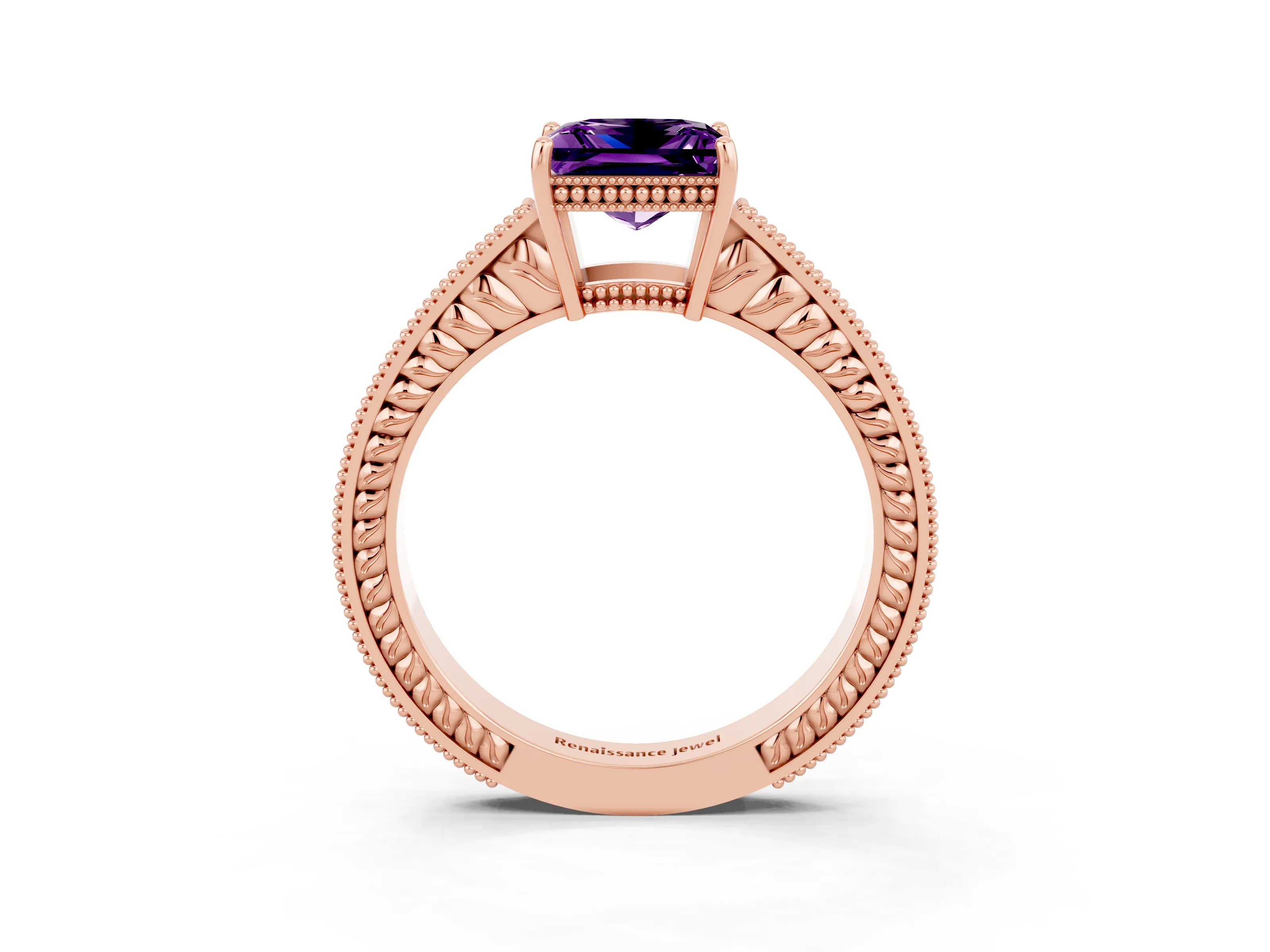 Rose gold Princess Cut Amethyst Ring with Milgrain Pavé Band and Four-Prong Setting_15