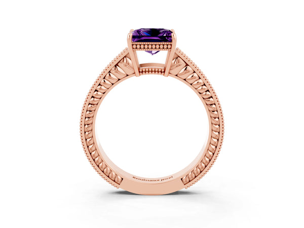 Rose gold Princess Cut Amethyst Ring with Milgrain Pavé Band and Four-Prong Setting