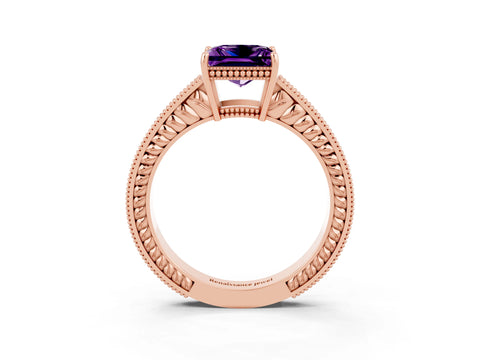 Rose gold Princess Cut Amethyst Ring with Milgrain Pavé Band and Four-Prong Setting_15