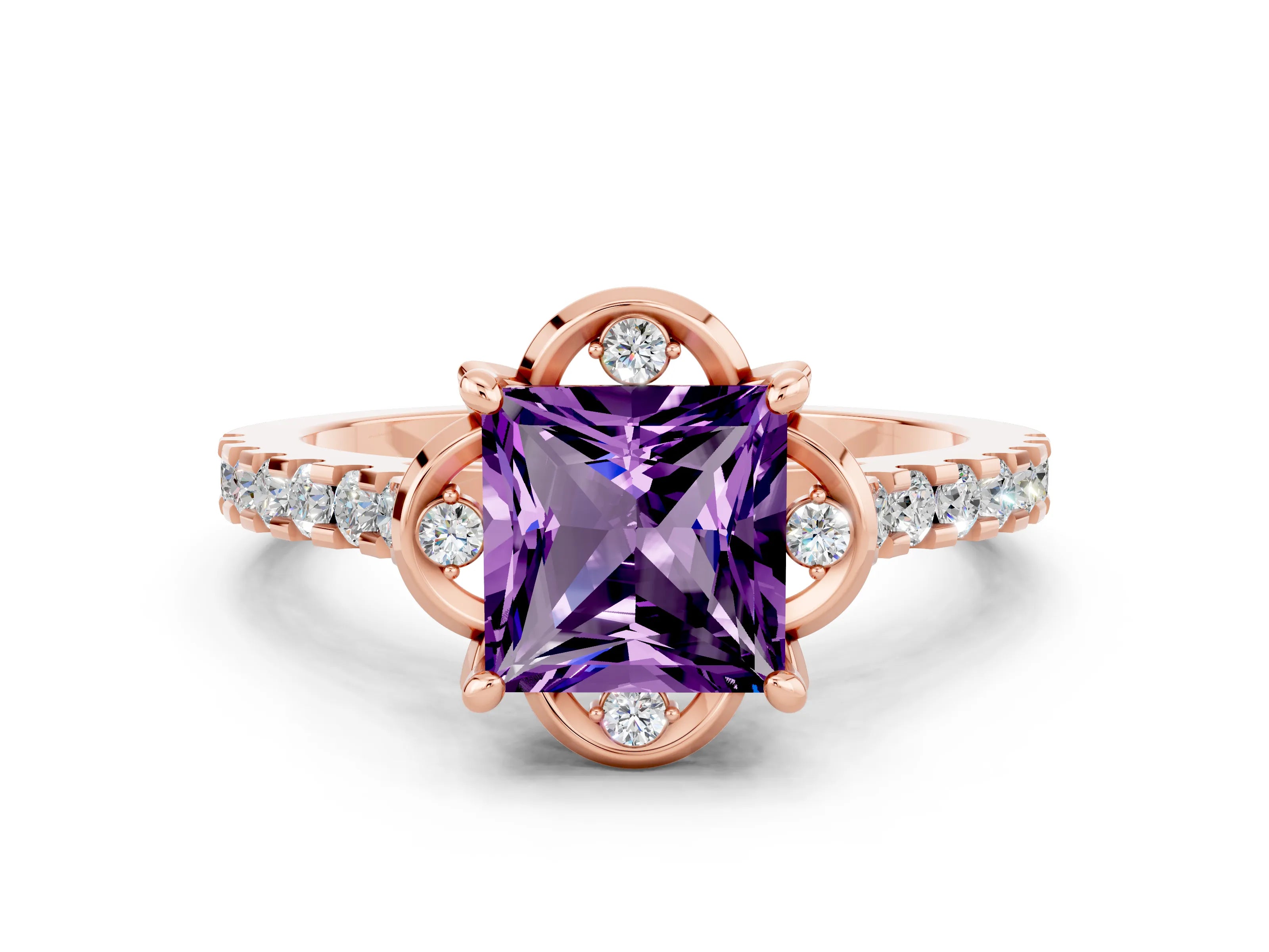Rose gold Princess Cut Amethyst Ring with Pavé Band and Floral Prong Setting