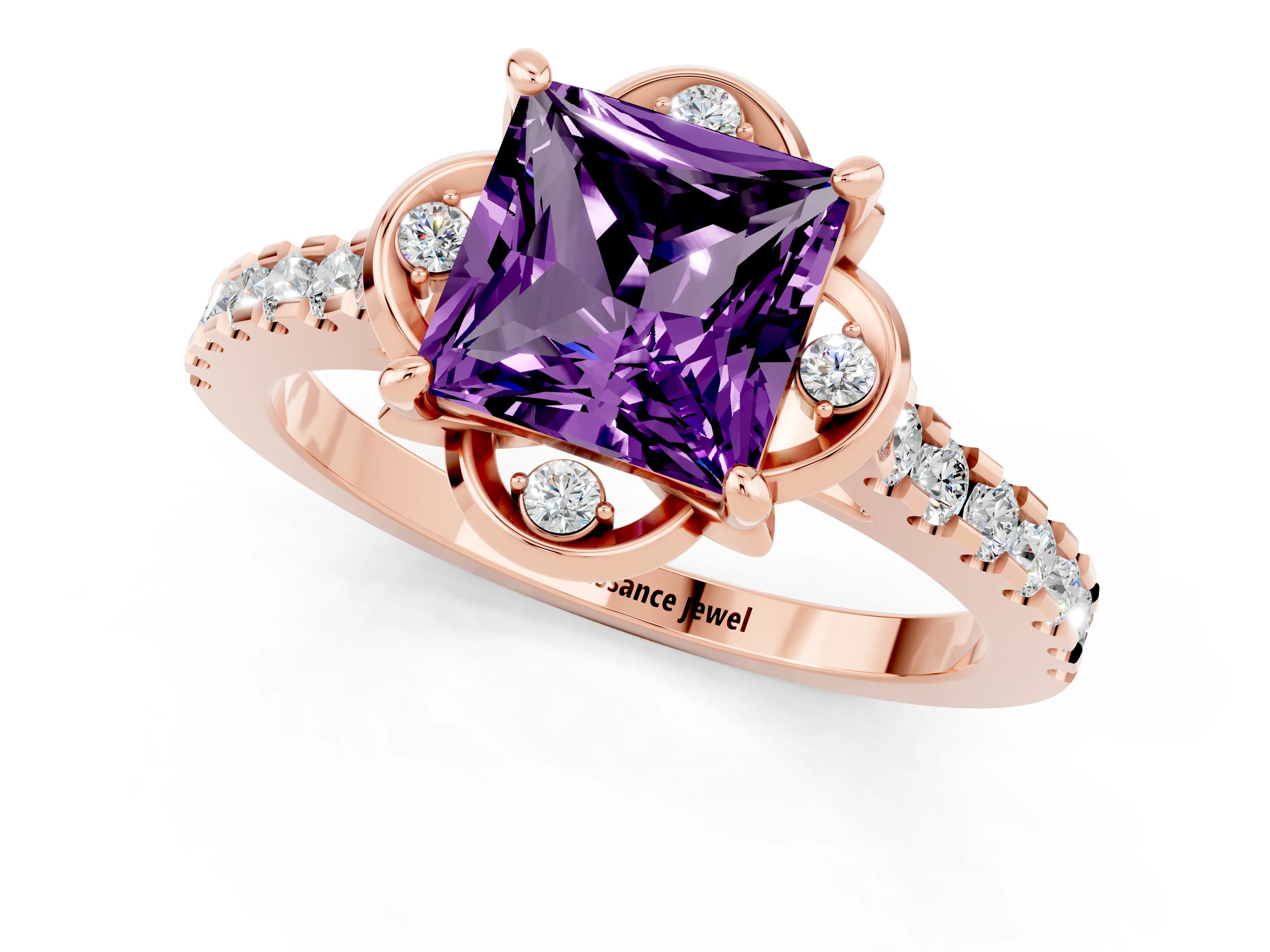 Rose gold Princess Cut Amethyst Ring with Pavé Band and Floral Prong Setting_1