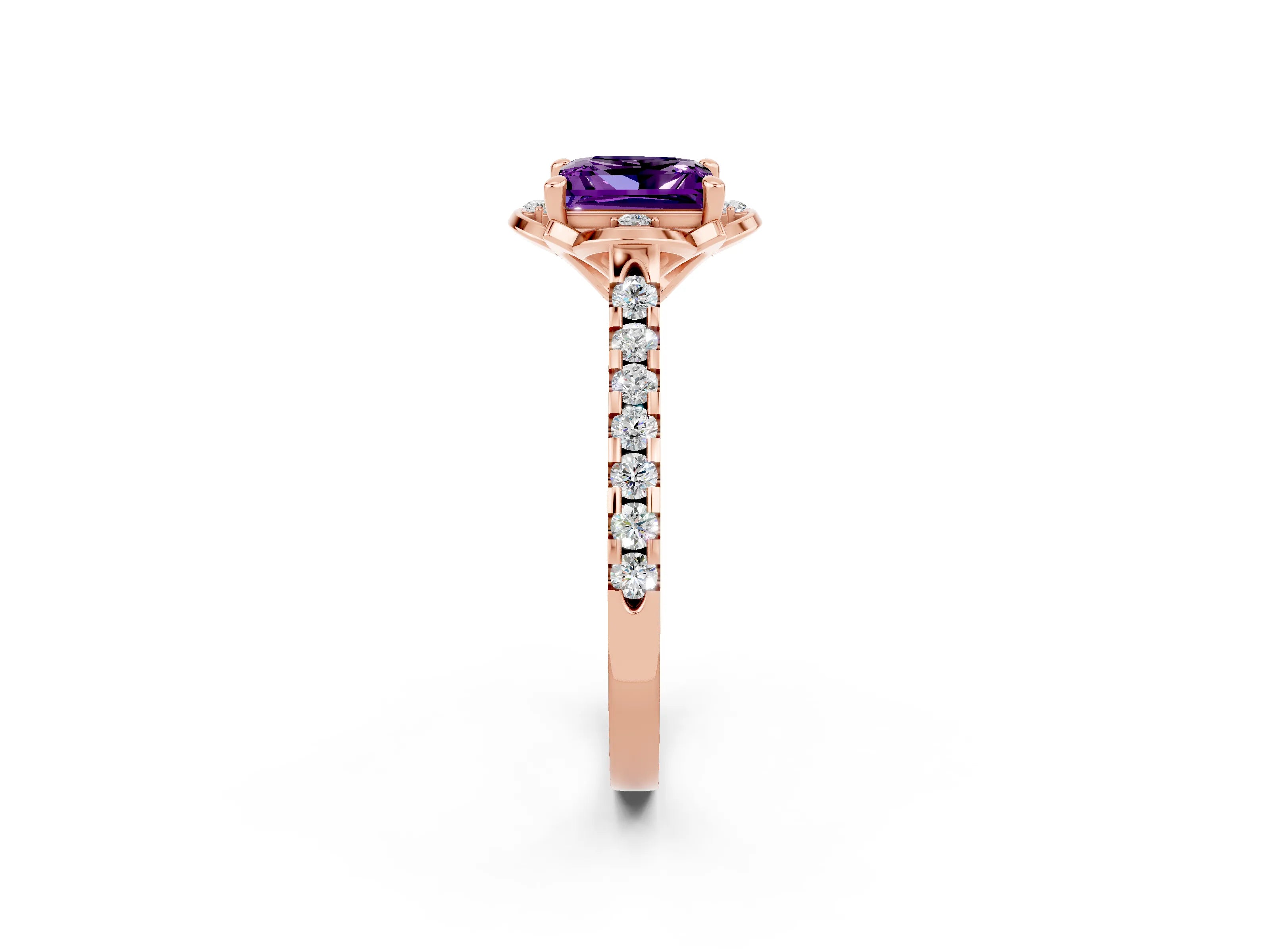 Rose gold Princess Cut Amethyst Ring with Pavé Band and Floral Prong Setting_2