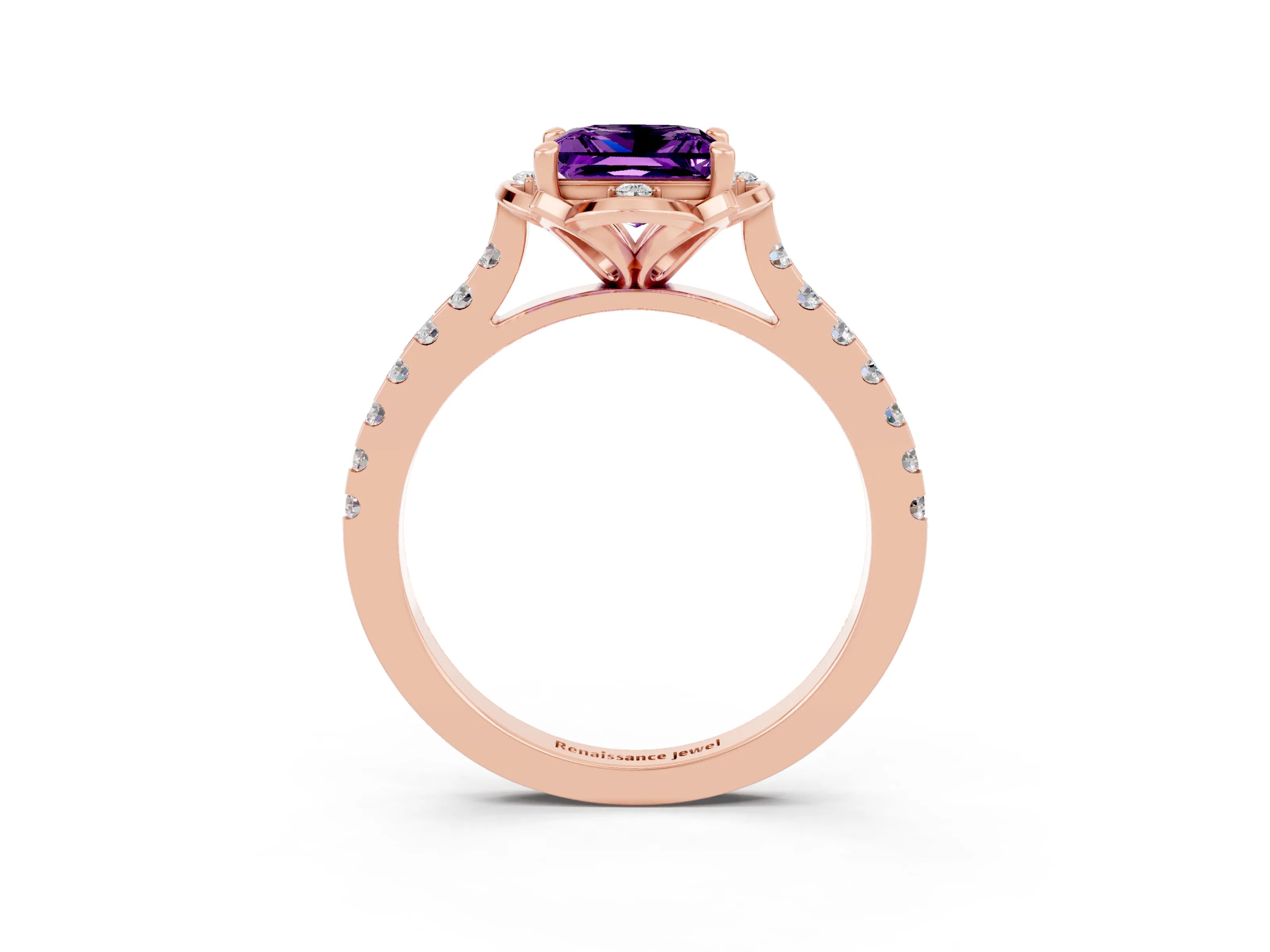Rose gold Princess Cut Amethyst Ring with Pavé Band and Floral Prong Setting_3