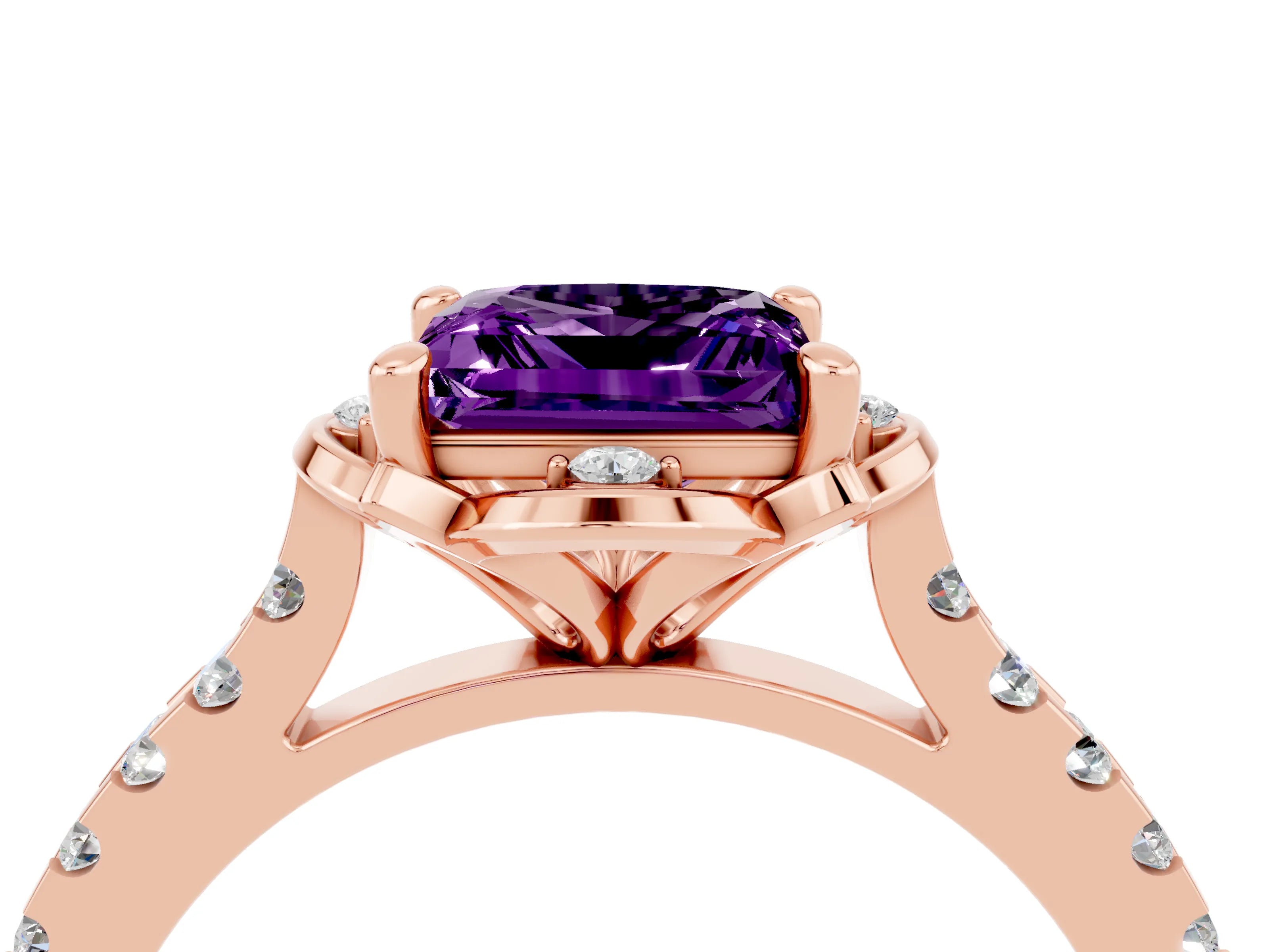 Rose gold Princess Cut Amethyst Ring with Pavé Band and Floral Prong Setting_4