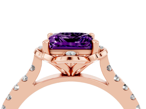 Rose gold Princess Cut Amethyst Ring with Pavé Band and Floral Prong Setting_4