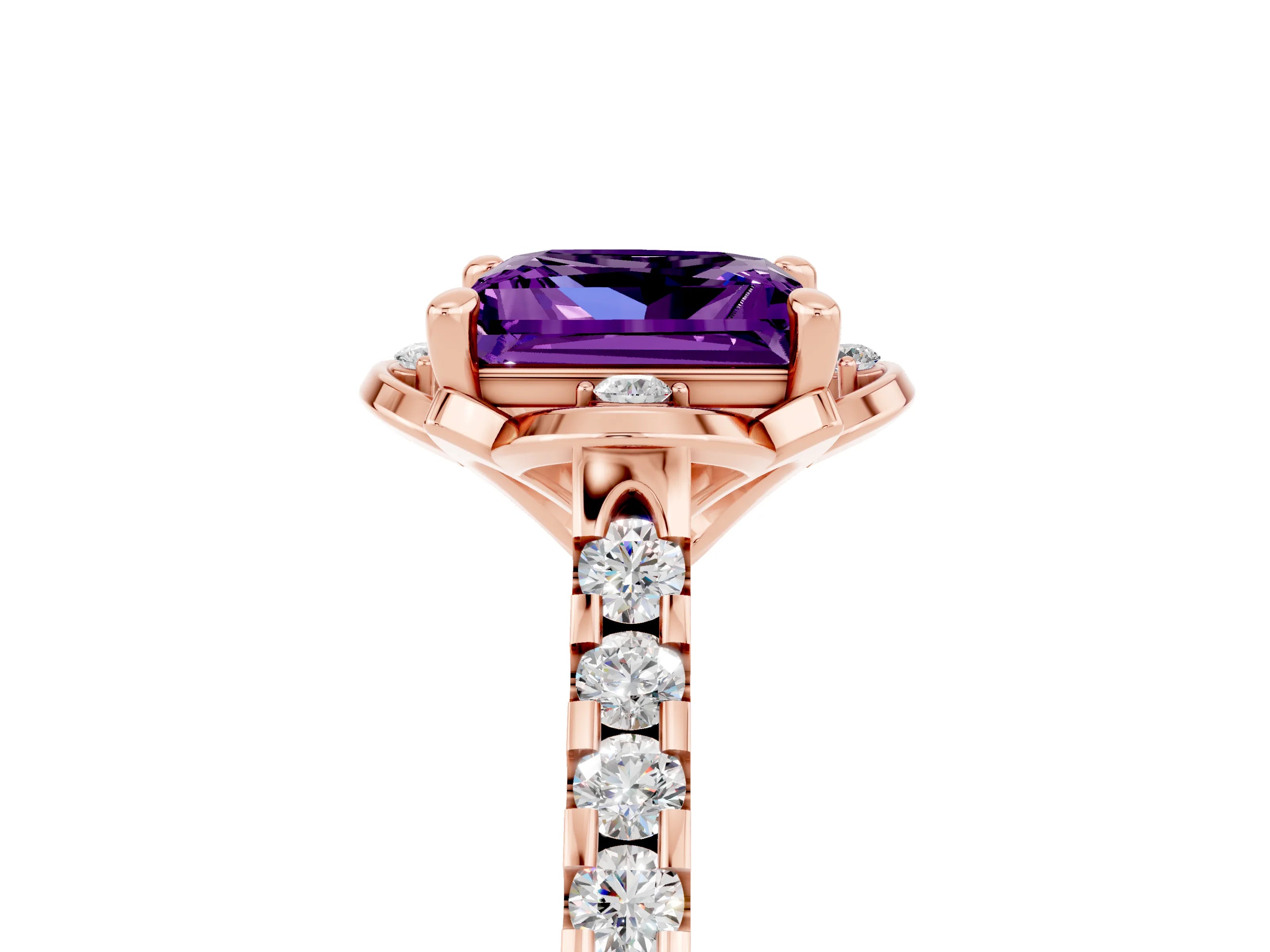 Rose gold Princess Cut Amethyst Ring with Pavé Band and Floral Prong Setting_5