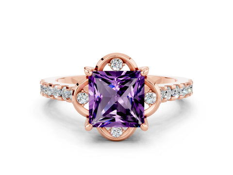 Rose gold Princess Cut Amethyst Ring with Pavé Band and Floral Prong Setting