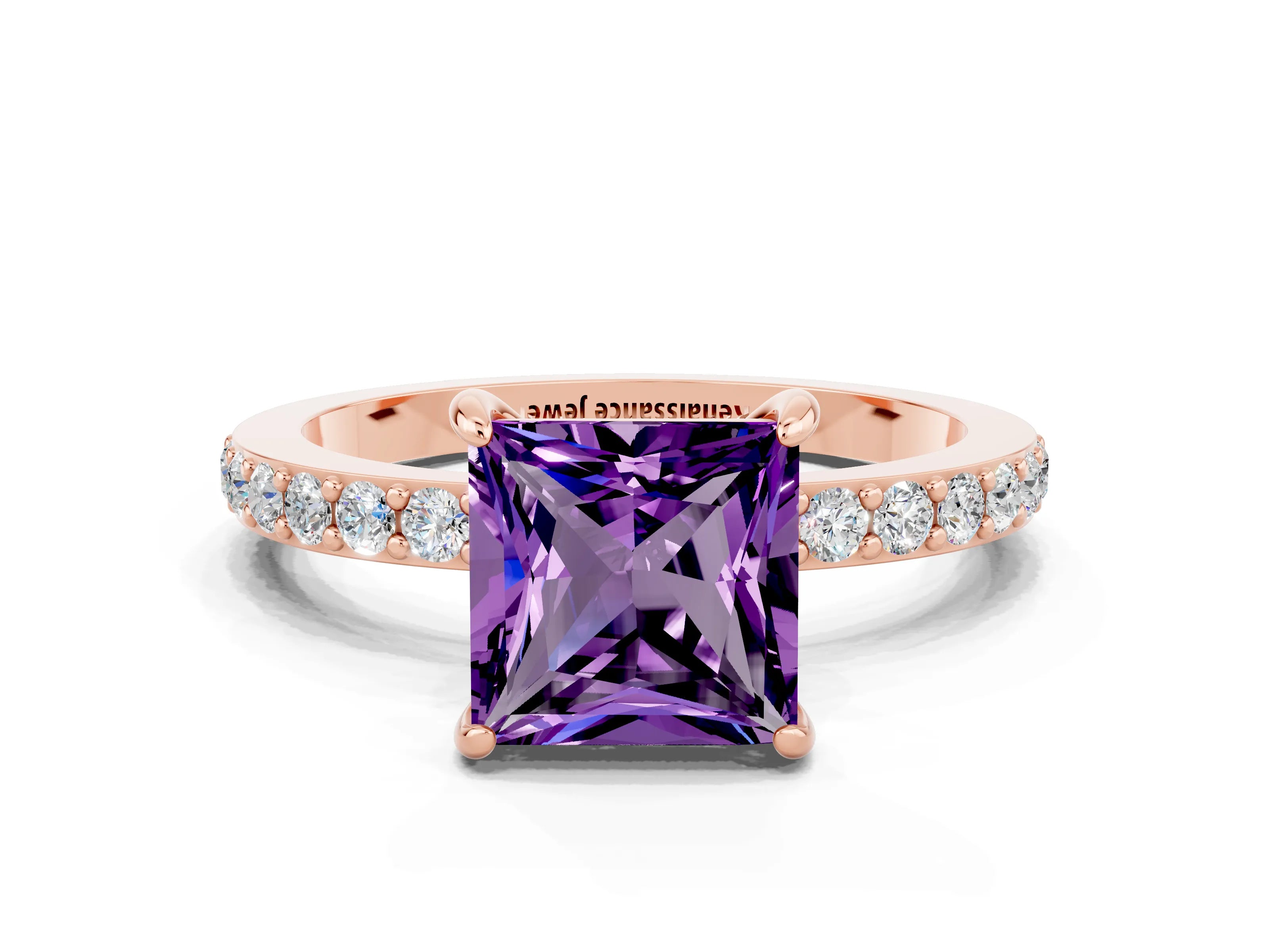 Rose gold Princess Cut Amethyst Ring with Pavé Band and Four-Prong Setting
