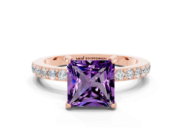 Rose gold Princess Cut Amethyst Pavé Engagement Ring with Round  Accents and Prong Setting