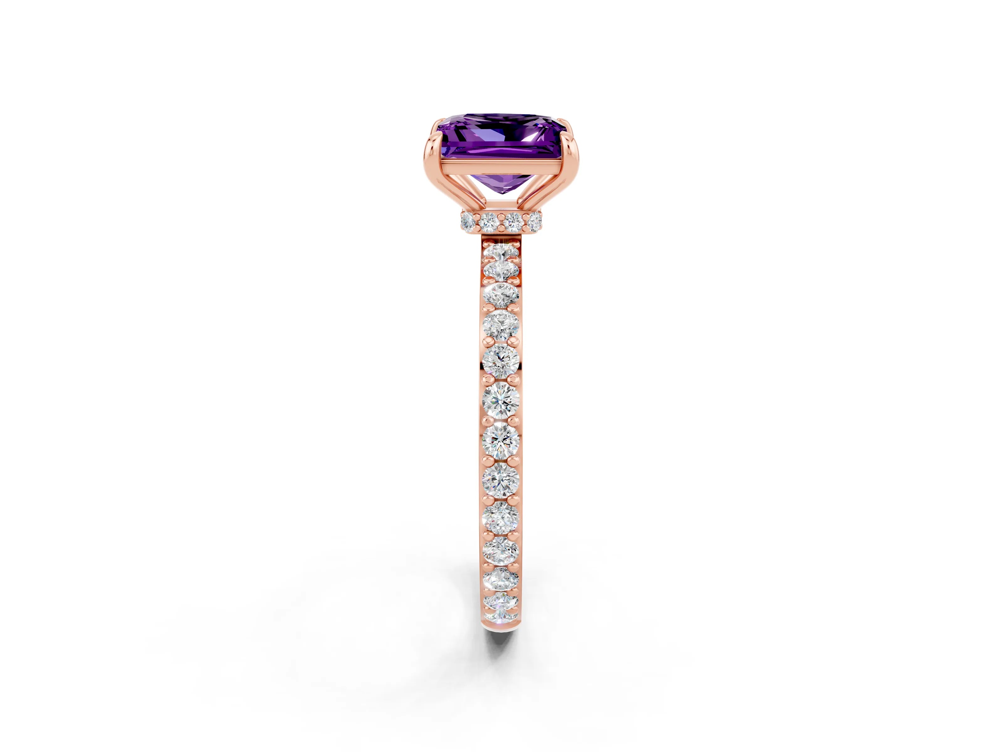 Rose gold Princess Cut Amethyst Ring with Pavé Band and Four-Prong Setting_2
