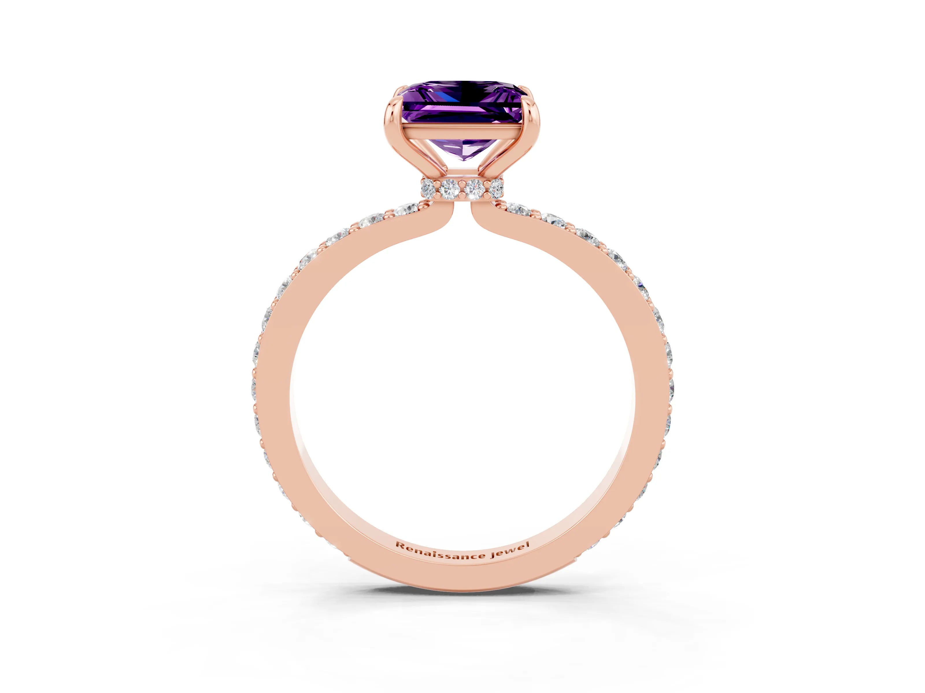 Rose gold Princess Cut Amethyst Ring with Pavé Band and Four-Prong Setting_3