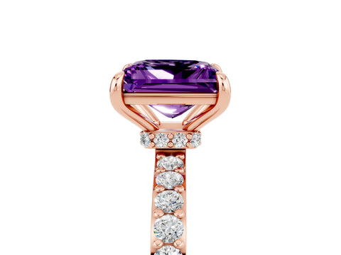 Rose gold Princess Cut Amethyst Ring with Pavé Band and Four-Prong Setting_5