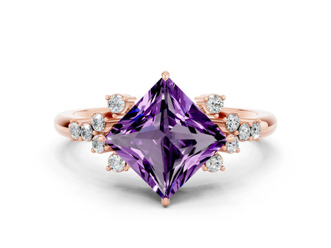 Rose gold Princess Cut Amethyst Ring with Side Stones and Four-Prong Setting_36