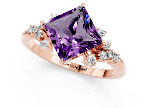 Rose gold Princess Cut Amethyst Ring with Side Stones and Four-Prong Setting_37