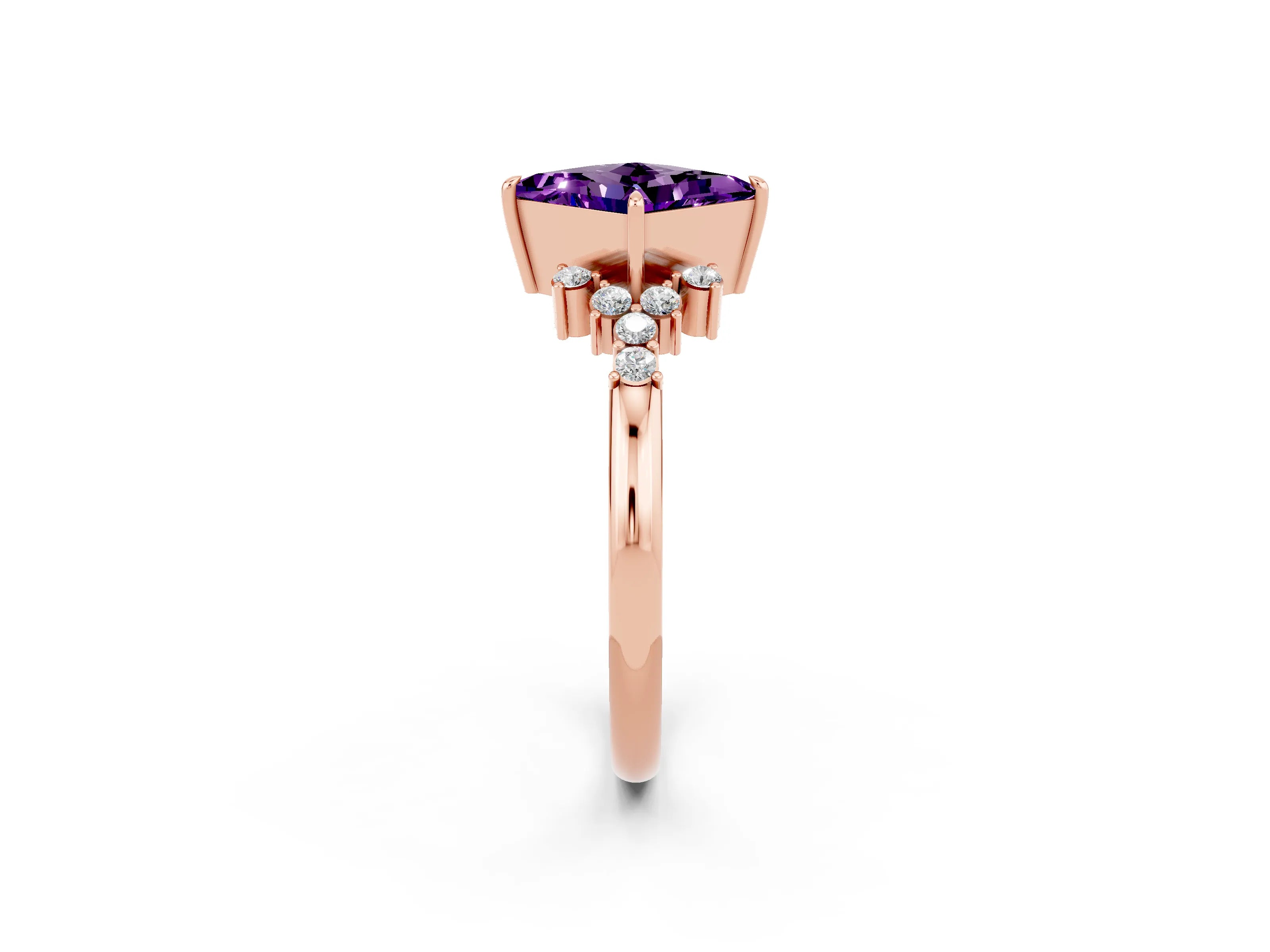 Rose gold Princess Cut Amethyst Ring with Side Stones and Four-Prong Setting_38
