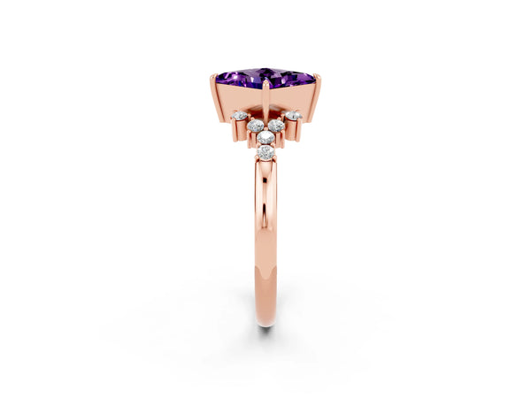 Rose gold Princess Cut Amethyst Ring with Side Stones and Four-Prong Setting