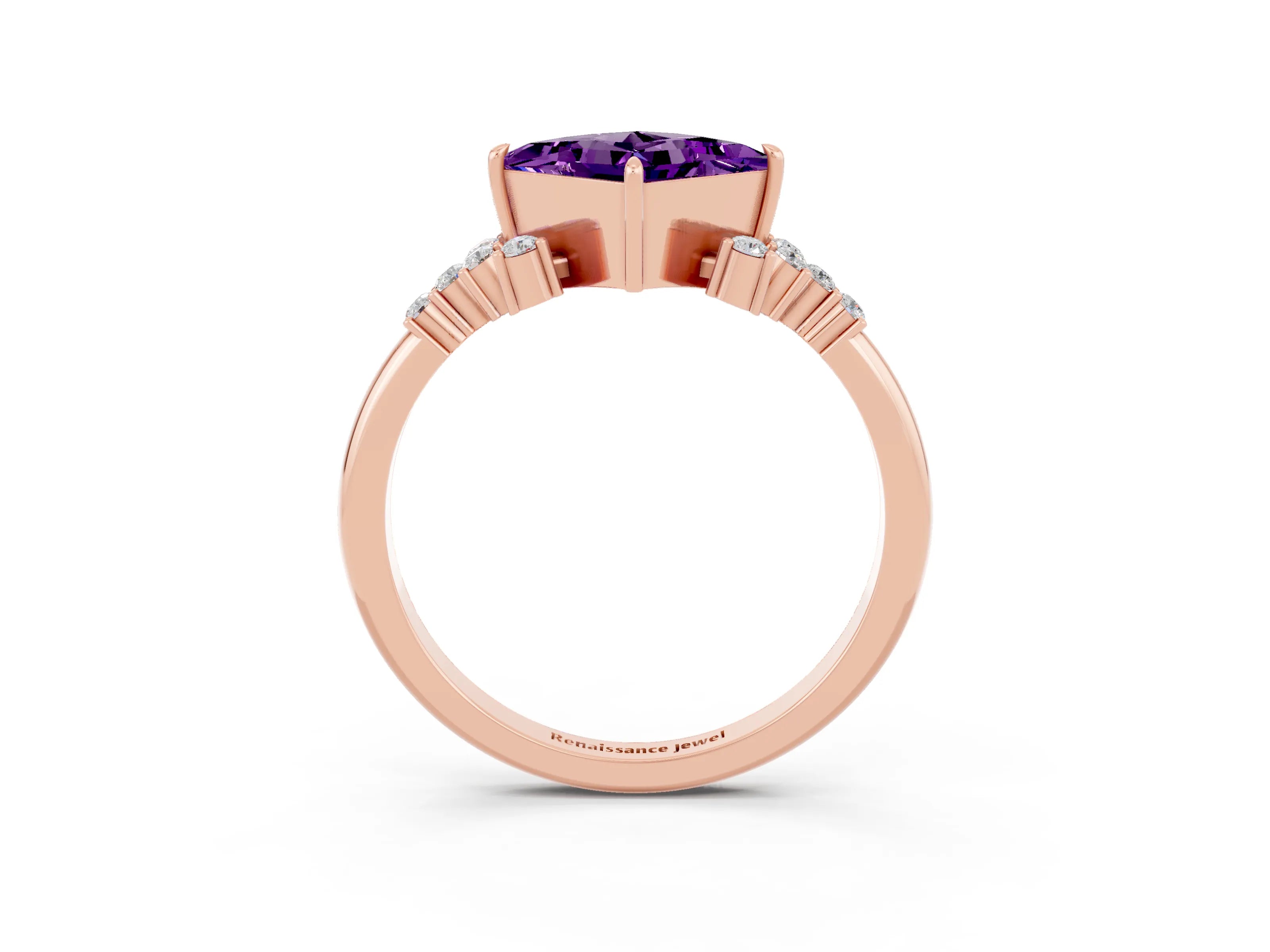 Rose gold Princess Cut Amethyst Ring with Side Stones and Four-Prong Setting_39