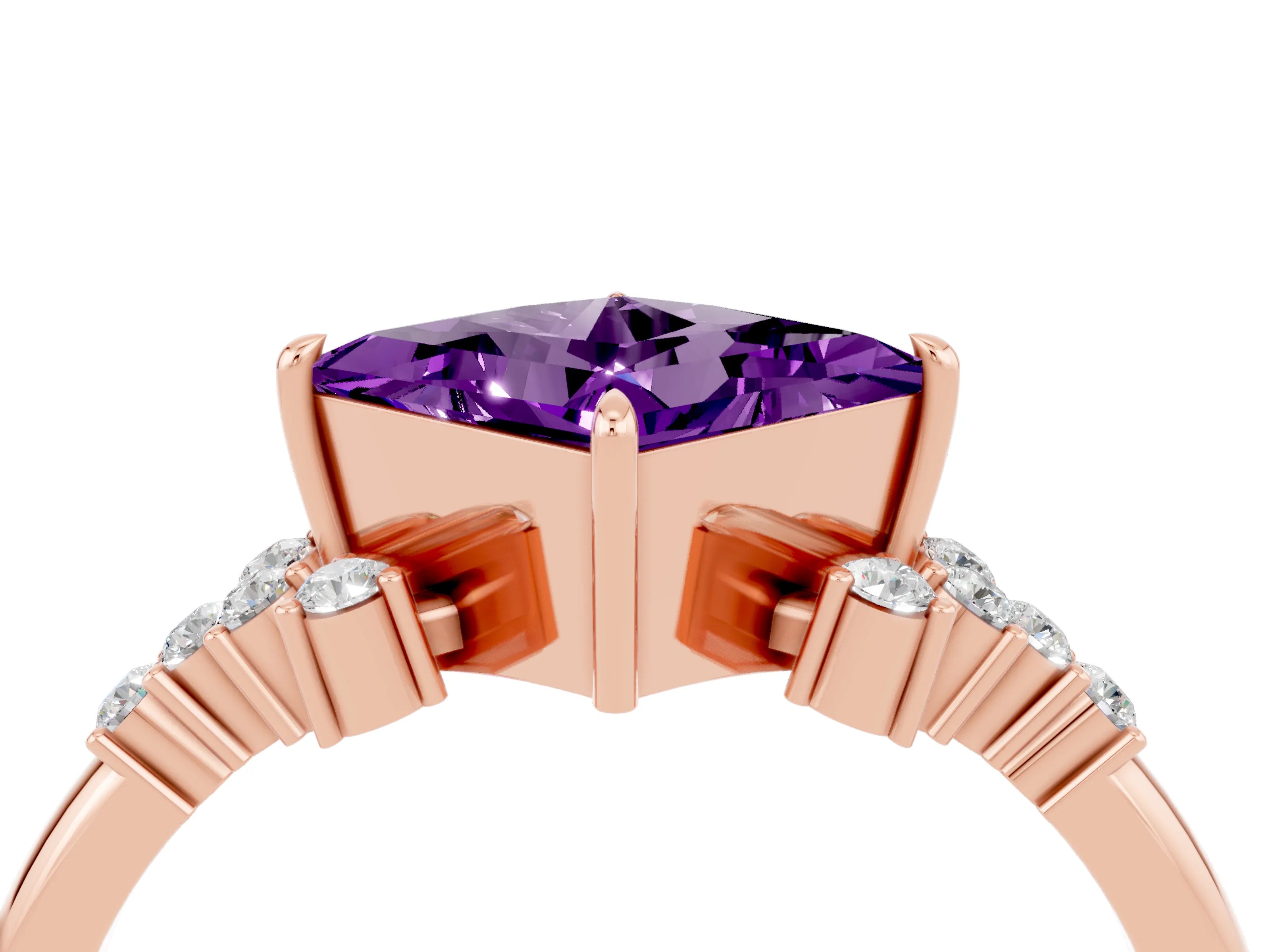Rose gold Princess Cut Amethyst Ring with Side Stones and Four-Prong Setting_40