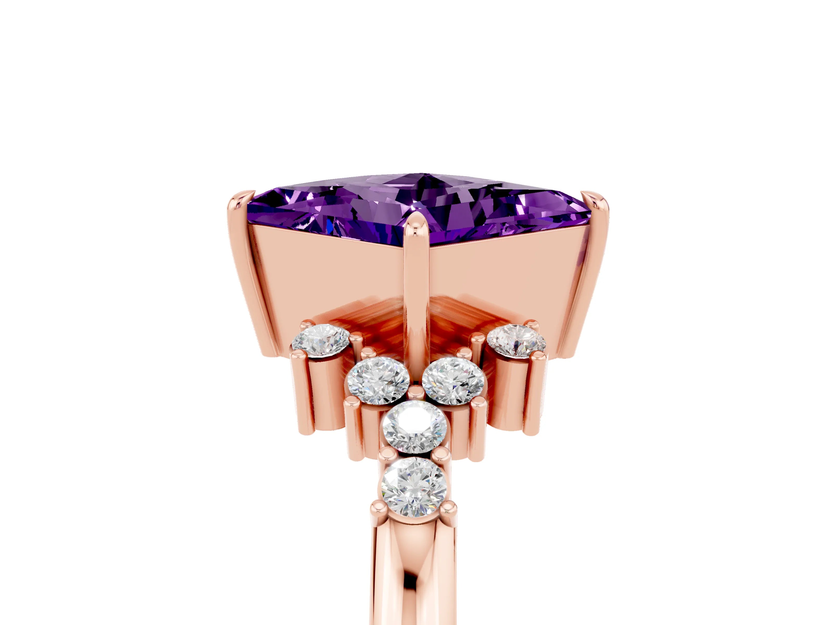 Rose gold Princess Cut Amethyst Ring with Side Stones and Four-Prong Setting_41