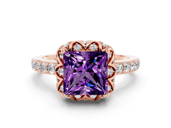 Rose gold Princess Cut Amethyst Scalloped Halo Engagement Ring with Round Shared Prong Band