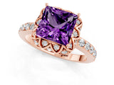 Rose gold Princess Cut Amethyst Scalloped Halo Engagement Ring with Round Shared Prong Band_13