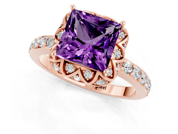 Rose gold Princess Cut Amethyst Scalloped Halo Engagement Ring with Round Shared Prong Band
