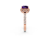 Rose gold Princess Cut Amethyst Scalloped Halo Engagement Ring with Round Shared Prong Band_14
