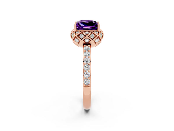 Rose gold Princess Cut Amethyst Scalloped Halo Engagement Ring with Round Shared Prong Band