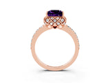 Rose gold Princess Cut Amethyst Scalloped Halo Engagement Ring with Round Shared Prong Band_15