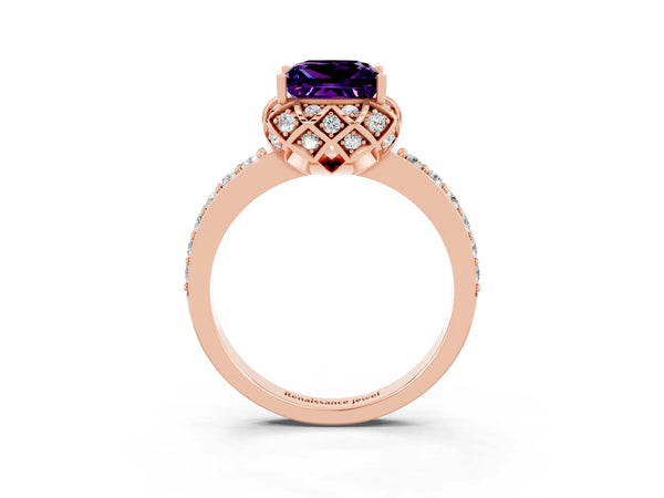Rose gold Princess Cut Amethyst Scalloped Halo Engagement Ring with Round Shared Prong Band