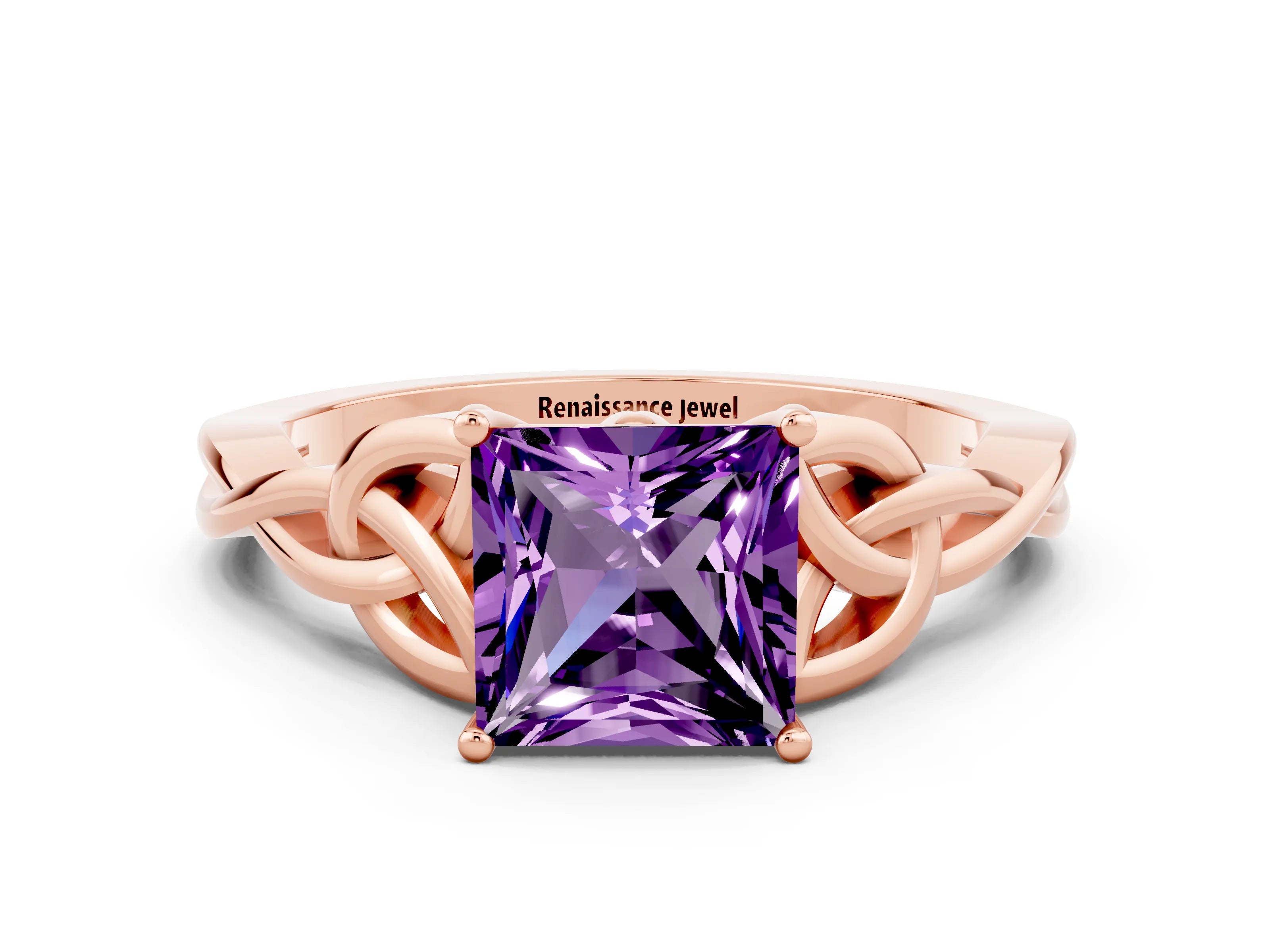 Rose gold Princess Cut Amethyst Solitaire Celtic Knot Ring with Four-Prong Setting_12
