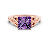 Rose gold Princess Cut Amethyst Solitaire Celtic Knot Ring with Four-Prong Setting_12