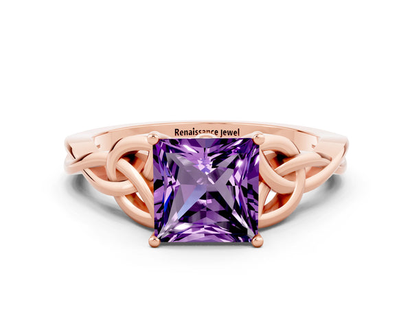 Rose gold Princess Cut Amethyst Solitaire Celtic Knot Ring with Four-Prong Setting