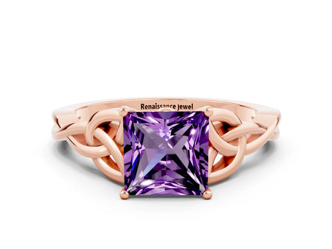 Rose gold Princess Cut Amethyst Solitaire Celtic Knot Ring with Four-Prong Setting_12
