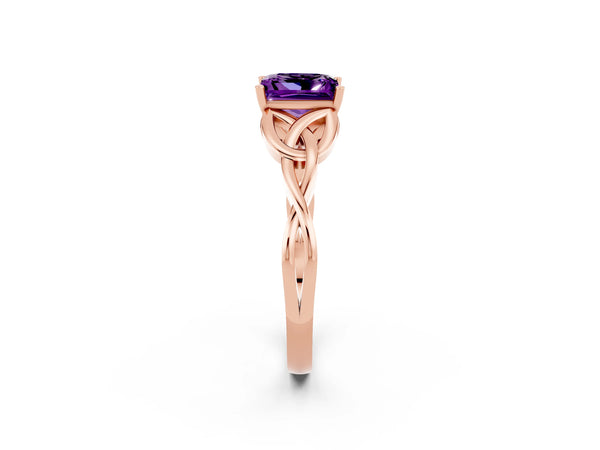 Rose gold Princess Cut Amethyst Solitaire Celtic Knot Ring with Four-Prong Setting